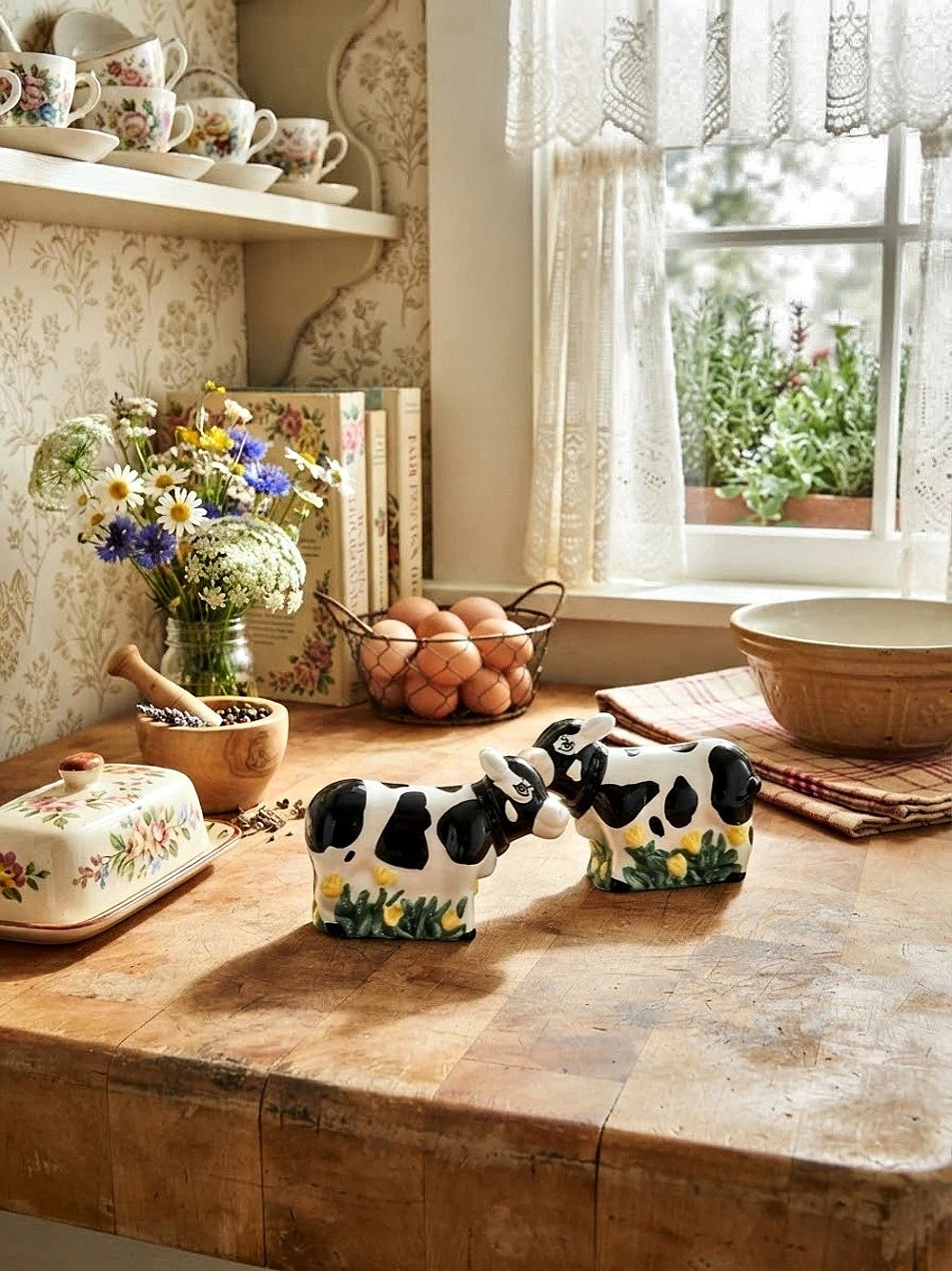 Young's Inc. Cow Salt and Pepper Shaker Set. White & Black